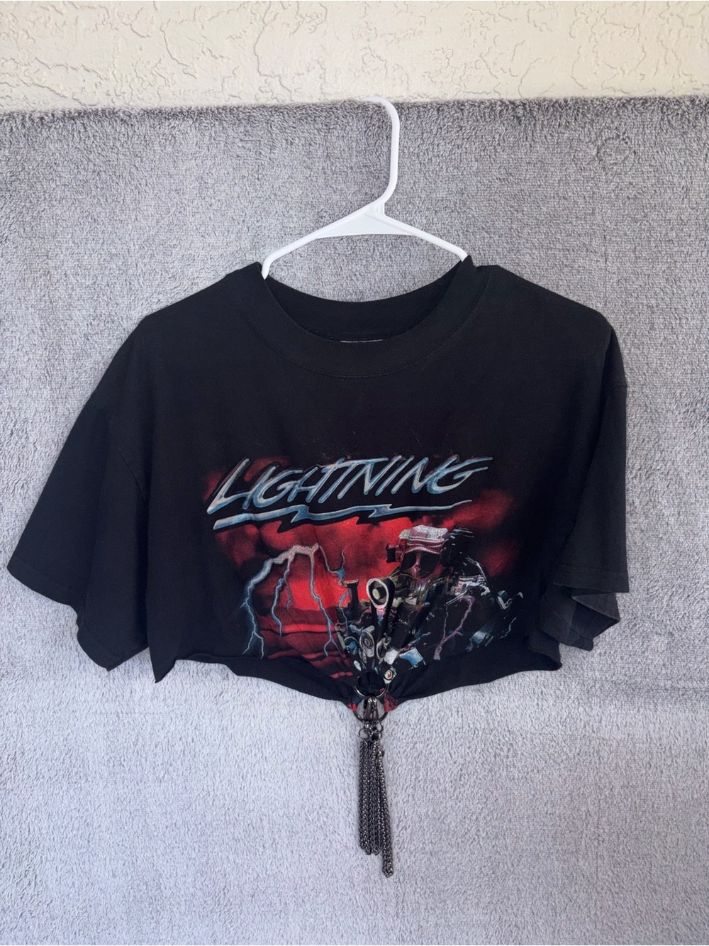 Women’s size small furst of a kind Black "Lightning" Graphic Crop Tee chain